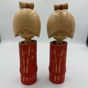 Vintage Japanese Kokeshi Dolls Pair Wooden Mid Century Folk Art 8" Wabi Sabi